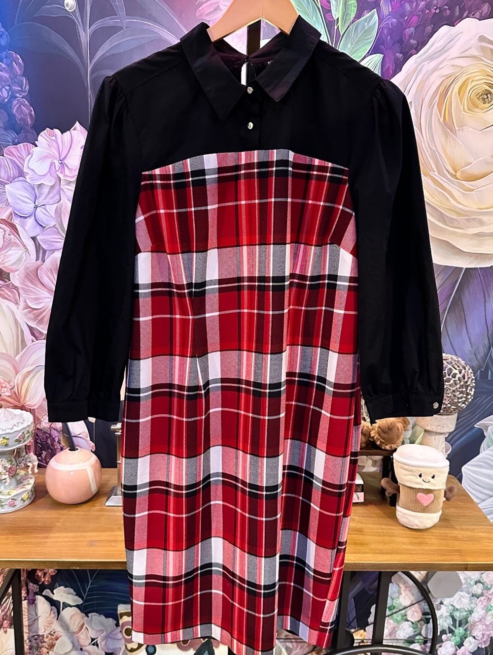 New York & Company L Plaid Shirt Dress Red Black Preppy Academia Retro Holiday